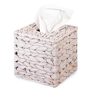 Water Hyacinth Handwoven Tissue Box Cover, Natural Handmade Wicker Napkin Box Holder, Handcrafted Square Facial Tissue, Rustic Decorative on Table and Bathroom, Office, Boho Decorative, Whitewash