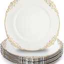 Okllen 12 Pack Plastic Round Charger Plates, 13" Dinner Charger Dessert Plates with Gold Rim, Vintage Charger Serving Plates for Catering, Wedding, Tabletop Decor, White, Floral Trim