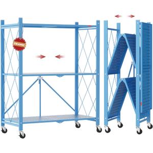 DEANIC 3 Tier Foldable Storage Shelves with Wheels, Kitchen Appliance Stand, Freestanding Metal Wire Shelf Rack, No Assembly Organizer Rolling Cart for Garage, Basement, Pantry(Blue)