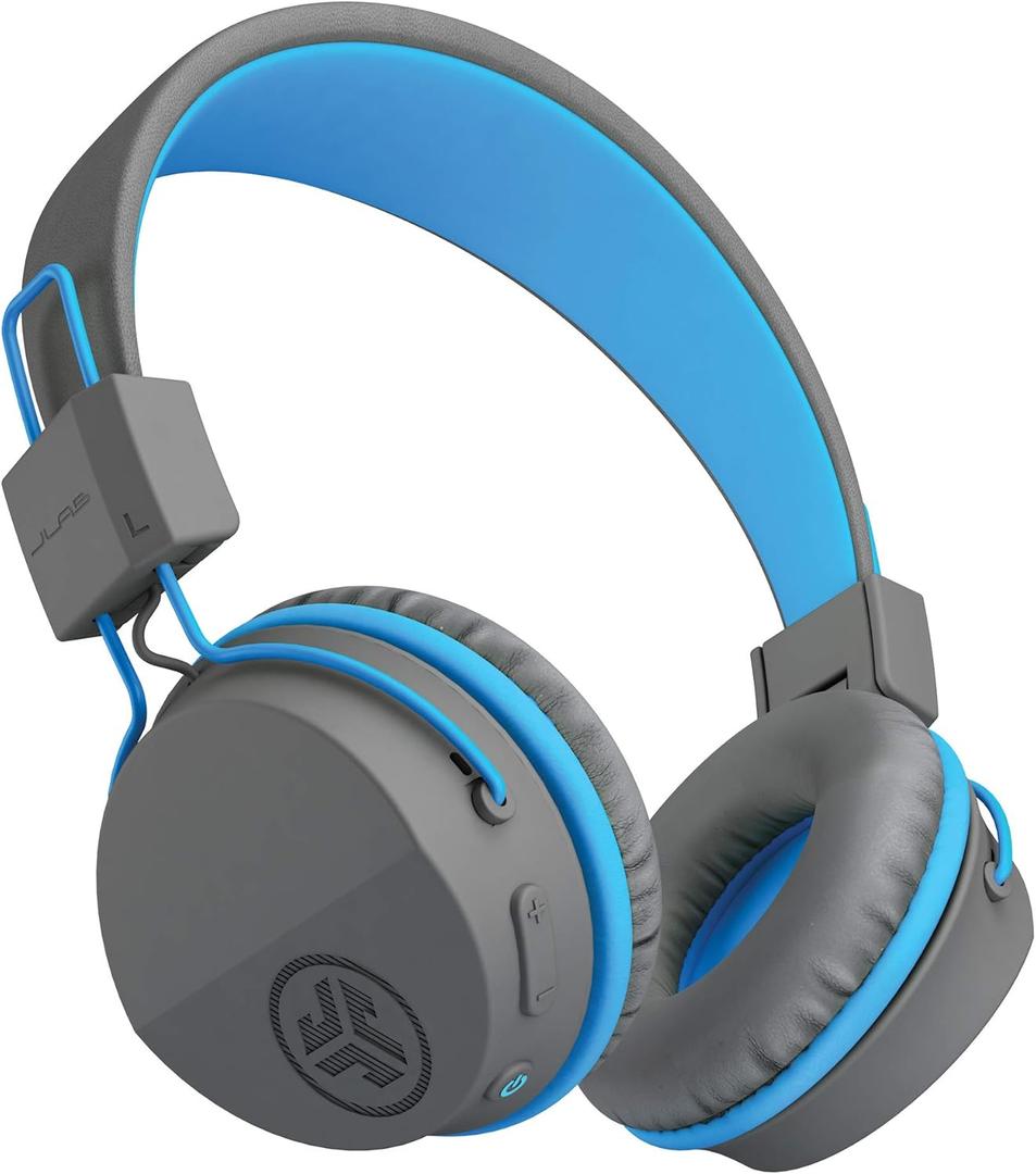 JLab JBuddies Studio Wireless On-Ear Kids Headphones, Graphite/Blue, 13 Hour Battery Life, Studio Volume Safe, Volume Limiter, Folding, Adjustable, Noise Isolation, with Mic