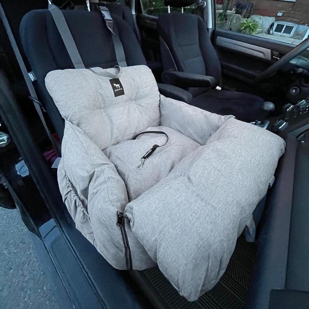 JACKO & CO - Premium Dog Car Seat Bed for Small & Medium Dogs up to 25lbs, Soft Travel Bed & Carrier Bag for Pets, Puppies, Cats, Front or Back Seat, Machine Washable & Water Resistant (Grey 1-25lbs)