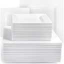 Aya's 100ct Square Plastic Disposable Plates, White - 9.5-Inch 50 Dinner and 6.5-Inch 50 Salad Plates for Party - Heavy-Duty Hard Plastic Design for Wedding, Event, Christmas, and Thanksgiving