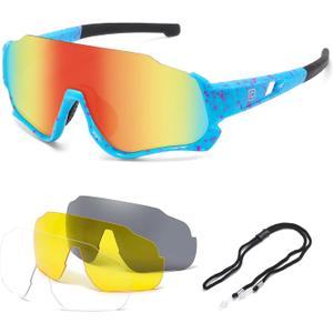 DUCO Polarized Kids Sunglasses Youth Baseball Sun Glasses Sports Teens Cycling Shades Boys Girls with 3 Lenses DK280 (Blue Frame Blue Temple Orange Colorful Lens)