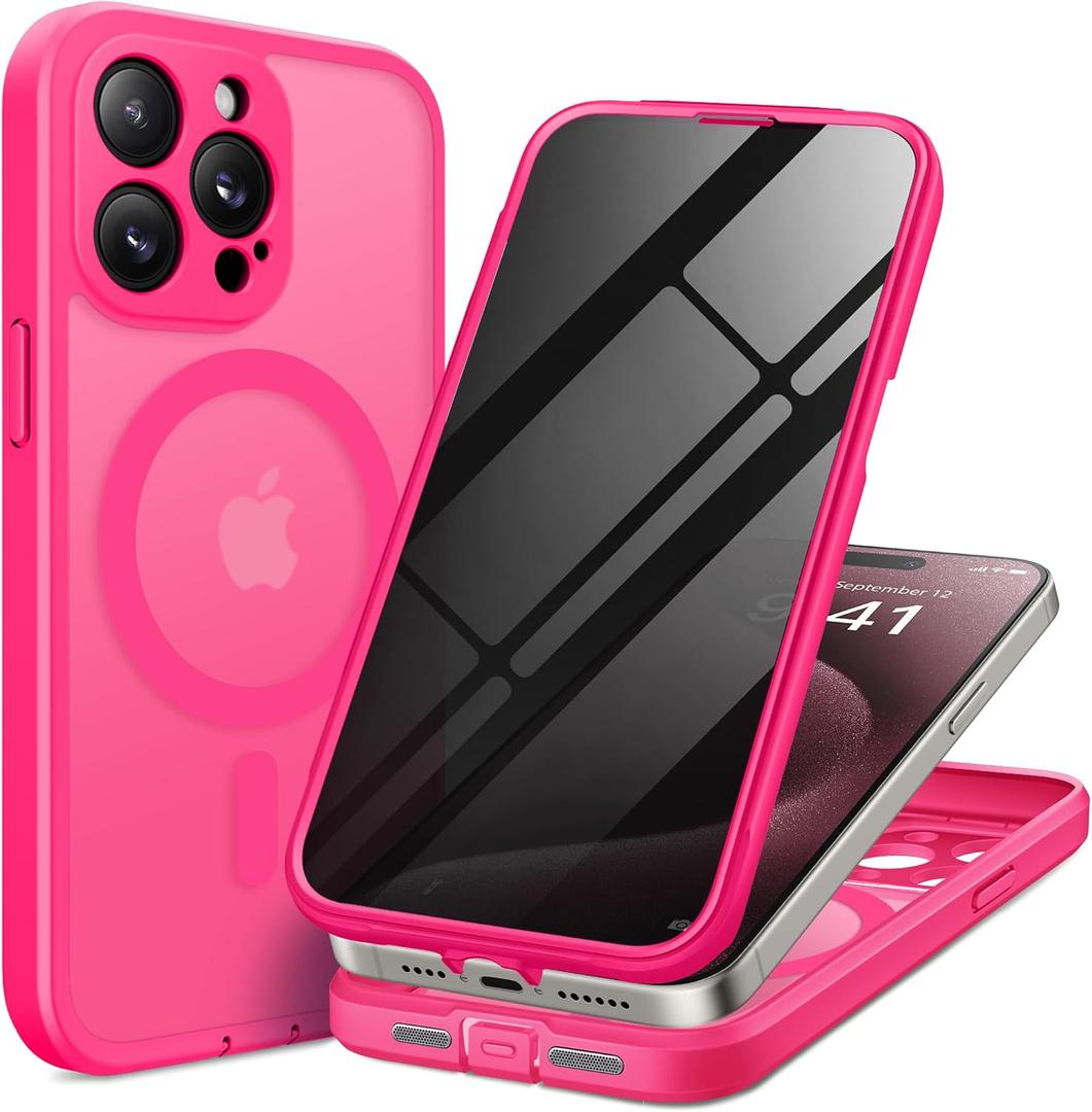 TIESZEN for iPhone 15 Pro Max Case, Compatible with MagSafe, Built-in Privacy Screen Protector and Camera Protection, Anti Spy Full Body Dustproof Shockproof Hard Phone Case 6.7", Hot Pink
