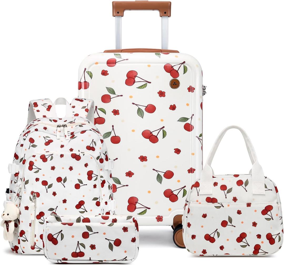 Somago 4 Piece Kid's Luggage with Backpack Set for Boys Girls Spinner 18" Hardside PC Rolling Carry on Suitcase with TSA Lock (Cherry White)