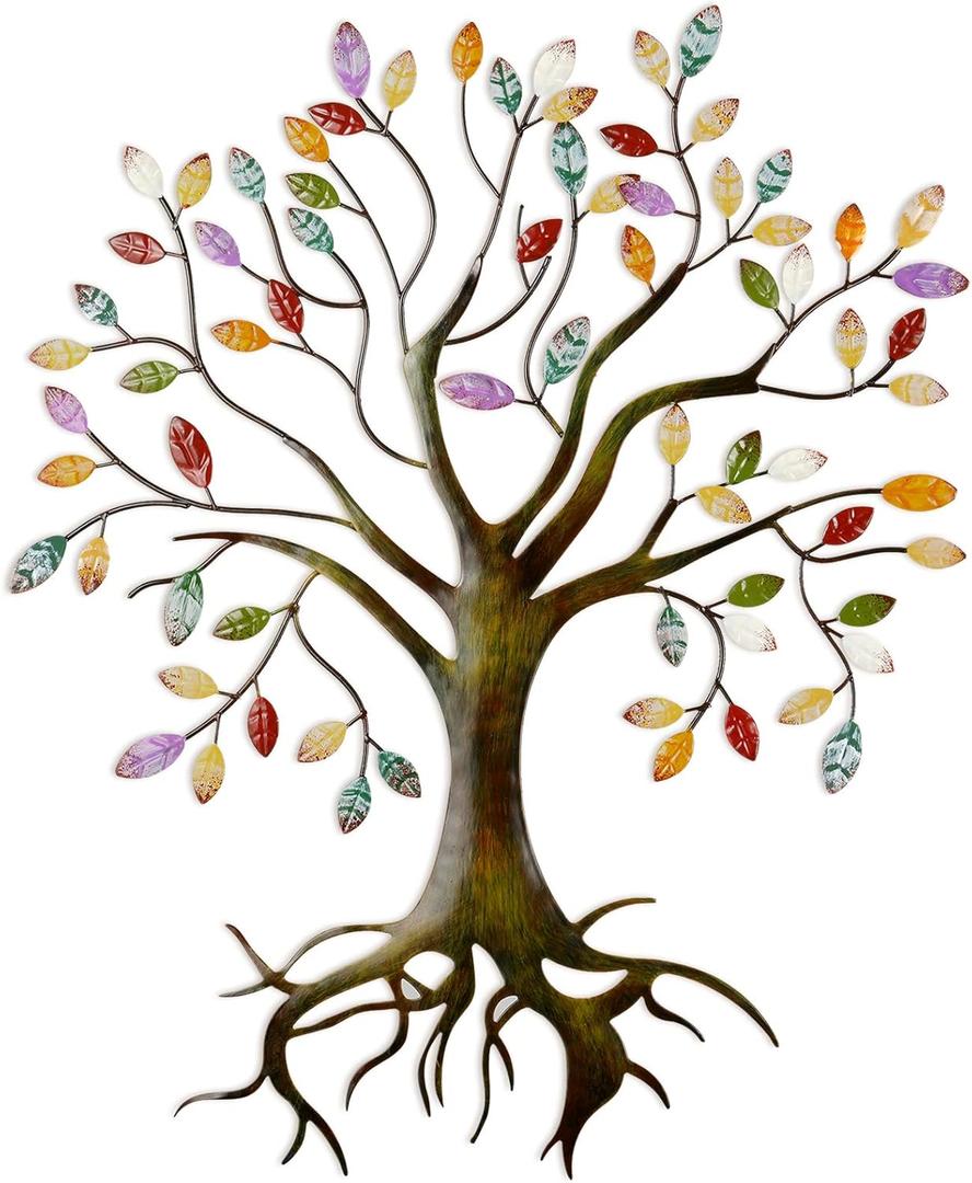 Moxweyeni Metal Tree Wall Sculpture Gold Tree Home Decoration Multi Colored Leaf Art Handcrafted Branches of Nature Life Hanging Sign for Outdoor Indoor Home Decoration