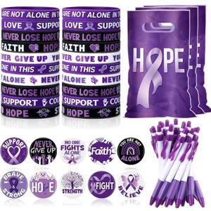 Supervitae 200 Pcs Purple Ribbon Awareness Accessories, Include 50 Ribbon Gift Bags 50 Purple Awareness Wristband 50 Pen 50 Button Pin for Campaign Support Supplies