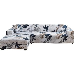 MIFXIN Sectional Sofa Covers L Shape Couch Slipcover 2pcs Stretch Elastic L-Type Chaise Sofa Couch Furniture Protector for Living Room Pets Kids (Blue Leaf)