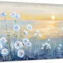 Blue Ocean Sunset Canvas Wall Art for Living Room Abstract Seascape Painting Coastal Beach Wildflowers Picture Natural Sea Landscape Print Sunrise With Yellow Orange Sky Seaside Artwork 20x40inch