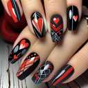 24Pcs Valentine's Day Press on Nails Medium Square Fake Nails with White Line Design Red Heart Bow Acrylic Nails False Nails Black Solid Color Full Cover Glossy Stick on Nails for Women Girls