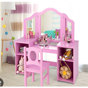 Acrylic Table Dimensions: 104 x 40 x 117 cm (L x W x H) Kids Makeup Desk and Chair Set with Tri-Folding Detachable Mirror-Pink