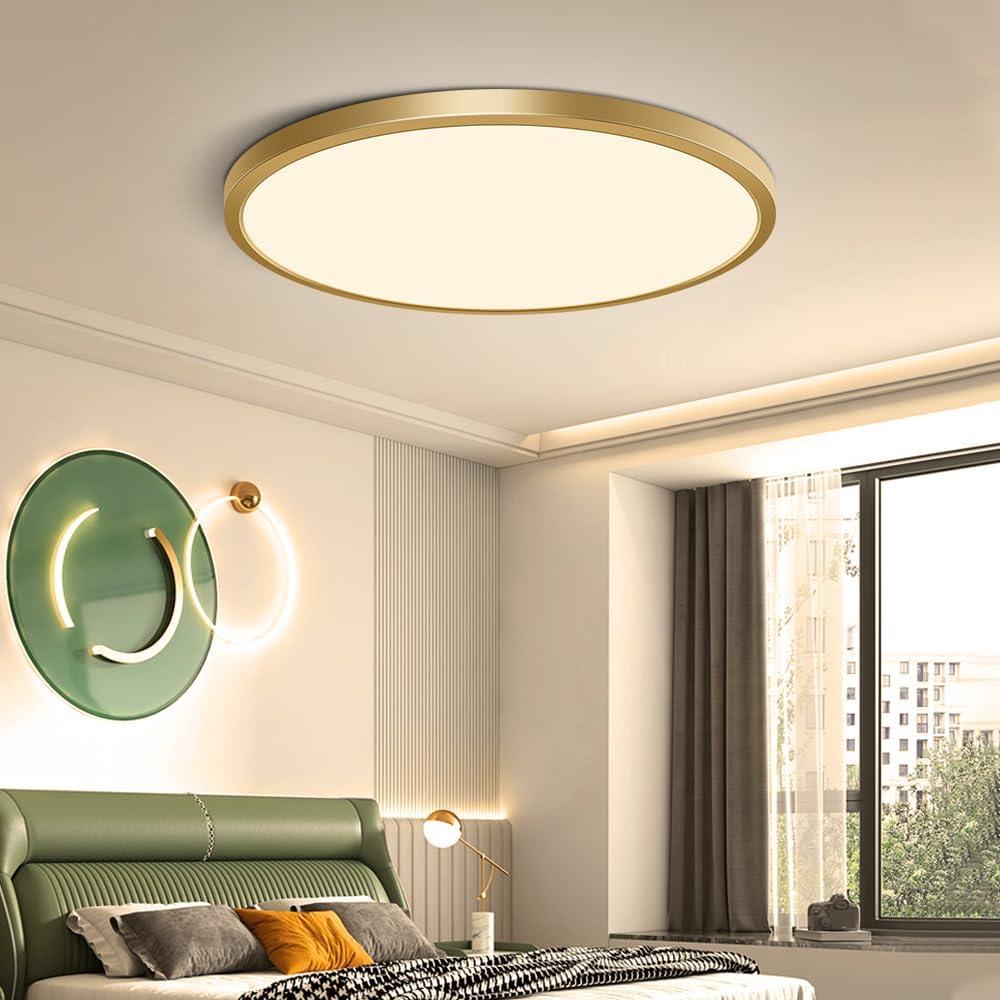 12 Inch Gold LED Ceiling Light, 3000K Warm White, 24W Gold Flush Mount Ceiling Light, 3200LM Round Low Profile Ceiling Lights for Bedroom, Living Room, Dining Room
