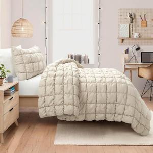 Lush Decor Puff Quilted Comforter Set, 2 Piece Set, Twin XL, Neutral - Teen Bedding Set - Super Soft Comforter - Neutral Dorm Decor - Textured Minimalist & Modern Bedroom Decor
