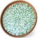 Round Rattan Tray with Mother of Pearl Inlay, Wicker Serving Tray Mother for Decor, Rattan Round Wicker Coffee Table Tray for Coffe Friut Bread, Green Leaf