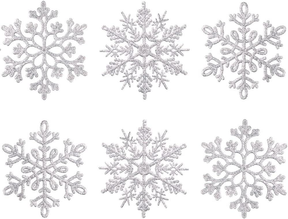 XmasExp 80mm/3inch Glitter Snowflake Ornaments Set mini Christmas Tree Hanging Plastic Decoration for Xmas Party Wedding Anniversary Window Door Home Accessories (30pcs,Silver)