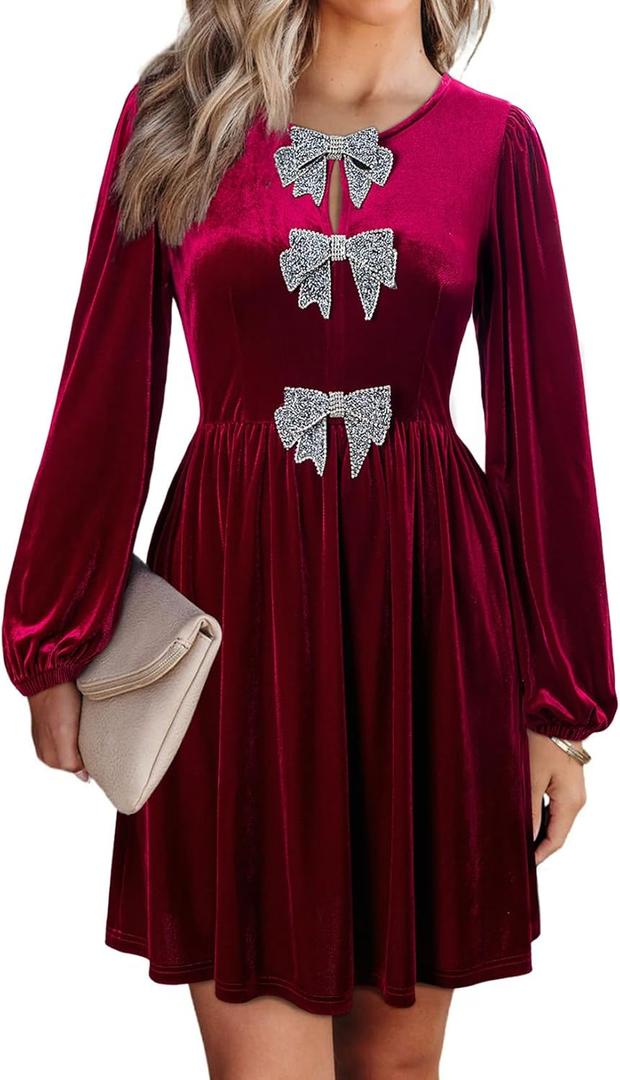 Happy Sailed Womens Velvet Dress Fall Winter Long Sleeve Bowknot High Waisted A Line Cocktail Dresses for Wedding Guest L
