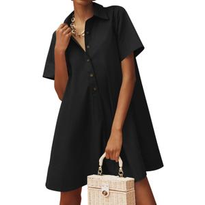 Wenrine Womens Button Down Shirt Dress Oversized Casual Short Sleeve Collared V Neck Summer Mini Dresses Black