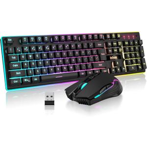 RedThunder K10 Wireless Gaming Keyboard and Mouse Combo, LED Backlit Rechargeable 3800mAh Battery, Mechanical Feel Anti-ghosting Keyboard + 7D 3200DPI Mice for PC Gamer (Black)