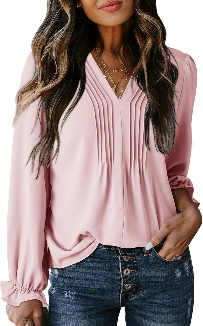Dokotoo Womens Tops Casual Pleated V Neck Puff Long Sleeve T Shirts Loose Tunic Business Blouse (Large, Pink)
