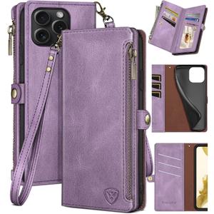 XcaseBar Compatible with iPhone 16 Pro Max Wallet case with Zipper Credit Card HolderRFID Blocking,Flip Folio Book PU Phone case Shockproof Cover Women Men for Apple 16 Pro Max case Lilac Purple