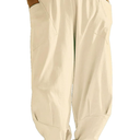 CHARTOU Women Tapered Wide Leg Lounge Pants Summer Harem Pants Elastic Waist Slacks Beach Baggy Pants Pockets, Color: Khaki, S
