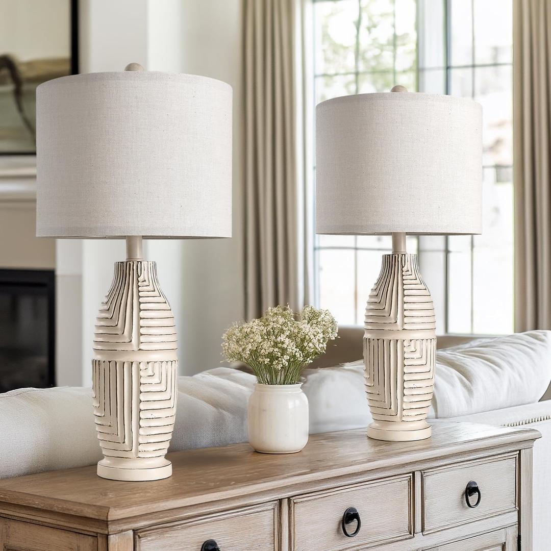 BOBOMOMO 25" Rustic Farmhouse Table Lamps Set of 2, Vintage Resin Nightstand Lamps with Fabric Shades, Retro Bedside Lamps for Bedroom, Living Room, Dining Room, Home Decoration (2 Pack Rotary Switch-Yellow)