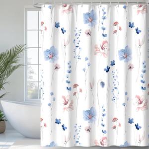QiyI Watercolor Floral Shower Curtain, Flowers Print Minimalist Bathroom Curtain, Machine Washable Spring Modern Shower Curtains, Waterproof Fabric Shower Curtain Set with Hooks, 72 x 72, Blue
