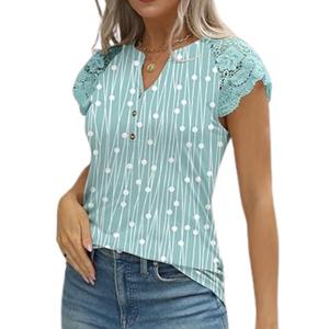 GUNEST Women's Polka Dot Green Tank Tops Lace Cap Sleeve Button Down V Neck Summer Casual Loose Fit 2024 Trendy Cute Sleeveless Shirts Blouse Tops, S