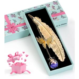 4 x Bookmark Christmas Stocking Stuffers for Women: Teacher Gifts for Readers Book Lovers Metal Feather Bookmarks for Teens Coworker, Butterfly Book Mark Unique Birthday Reading Gift for Mom Friend Sister (Gold Feather - Cobalt Blue Crystal With White Flower)