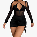No Brand Women's Sexy 2 Piece Outfits Mesh Long Sleeve Sheer Halter Bodysuit and Mini Skirt Set, M