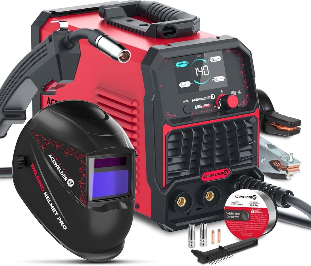 ACEWELDER 140A MIG Welder, 3 in 1 Flux Core, MIG/LIFT TIG/Stick Welding Machine 110V Portable IGBT Inverter Synergic Control, LED Display with Welding Helmet