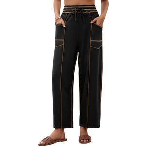 Womens Linen Barrel Pants Baggy Wide Leg Palazzo Pants Casual | Drawstring Waist, with Pockets, Lounge (Black, S)