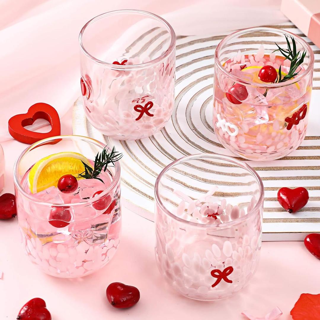 4 Pack Valentine Day Cups Icon Juice Glass 15 oz Bow & Heart Icon Drinking Glasses Valentine Teacher Gift Stemless Cocktail Cups for Women Party Supplies