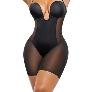 SHAPELLX Strapless Shapewear for Women Tummy Control U Plunge Backless Bodysuit Mid Thigh Full Body Shaper (Small, 01-black)