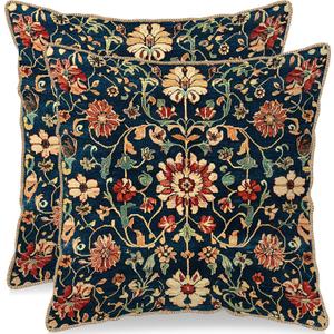 Vintage Floral Velvet Pillow Covers 20x20 Set of 2 Burnt Orange Blue Tapestry Pattern Design Art Flower Botanical Print Decorative Throw Pillowcases Farmhouse Cushion Cases Couch Sofa Bed Decor