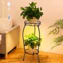Plant Stand indoor Outdoor 2 Tier 27" with Grow Light, Tall Metal Potted Holder Rack Flower Stand Rustproof Iron Heavy Duty Round Plant Shelf for Planter Corner Home Garden Balcony Patio