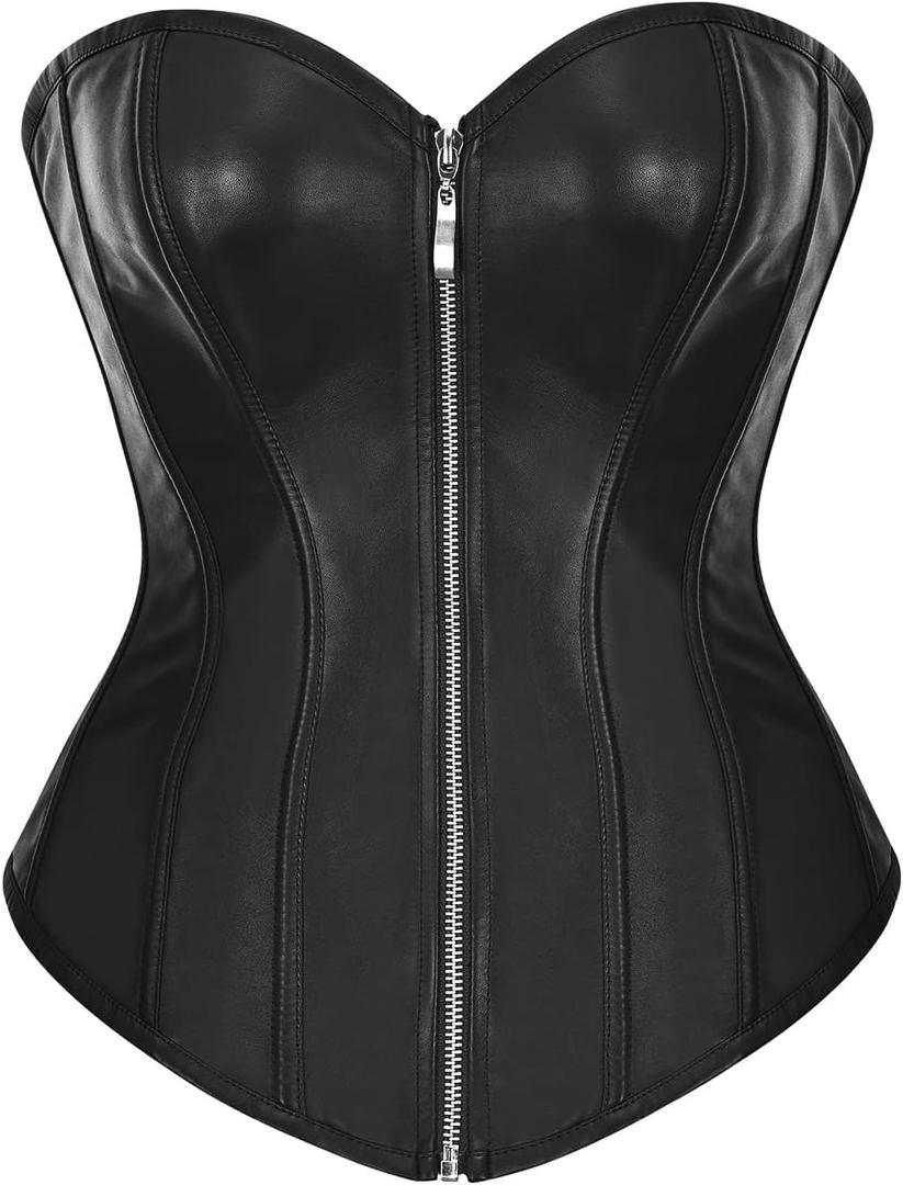 bslingerie Womens Faux Leather Zipper Front Bustier Corset Top (Medium, Black)