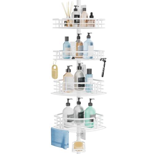 Consumest Corner Shower Caddy Tension Pole - Rustproof Shower Shelves with Towel Bar & Soap Holder, Adjustable Bath Organizer for Bathroom Storage, 27.6-108.3 inch, White