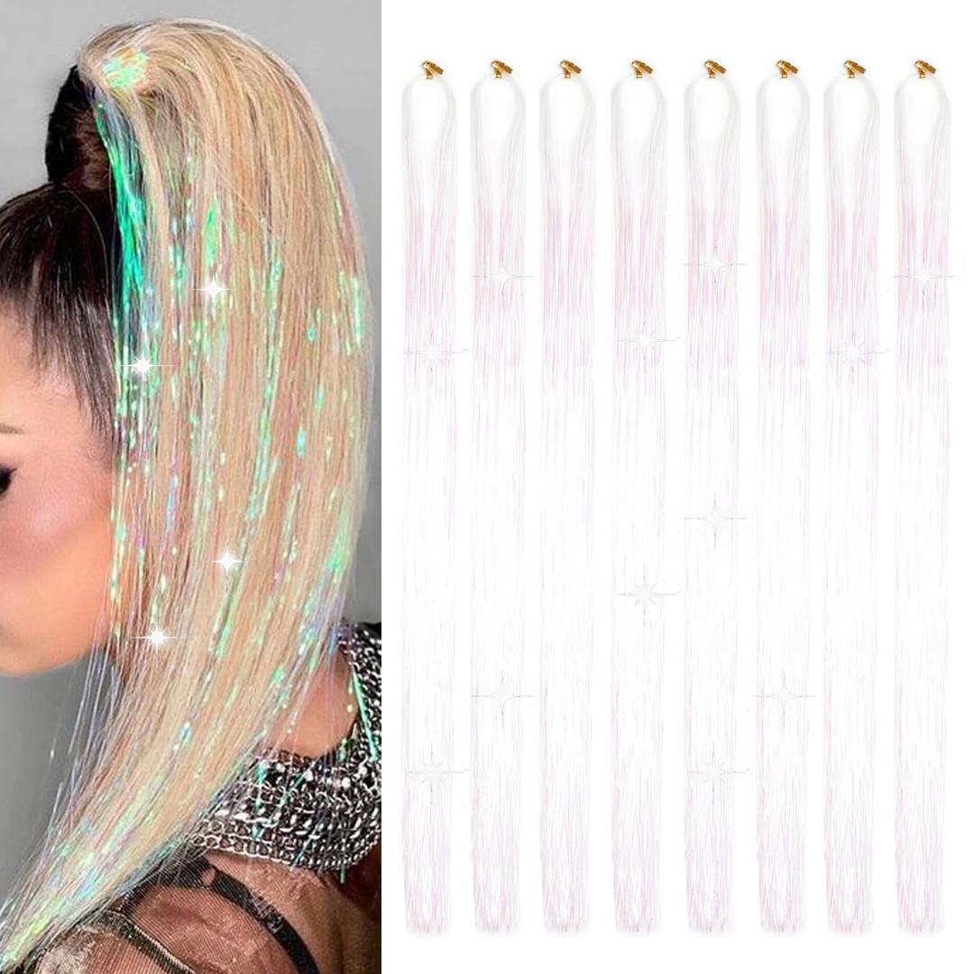 Hair Tinsel 8 Packs 1600 Strands 50 Inch Tinsel Hair Extensions White Heat Resistant Glitter Sparkling Shinny Fairy Hair Accessories for Women and Girls(White, 50Inch)