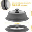 Collapsible Microwave Splatter Lid with Vented Tempered Glass Cover Wok Lid for Microwave Safe, Stockpot Steamer Pot Pan 10.5-11 inch Universal Multifunction Silicone Cover (Grey)