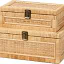 2PCS Rattan Box with Lid Decorative Natural Handmade Boho Baskets Woven Wicker Cane Bins Keepsake Memory Jewelry Boxes Rectangular Desk Shelf Closet Organizer Container (1 Large 1 Small)