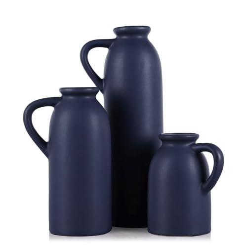 Blue Ceramic Vase with Handles Set - 3 Matte Blue Jug Vases, Farmhouse Country Flower Vase Home Decor, Living Room Decoration, Table Decoration, Fireplace Decor, and Entrance Decorations Centerpieces