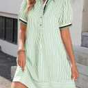 Wenrine Womens Summer Striped Mini Dresses Puff Short Sleeve Loose Fit Casual Button Collared Shirt Dress with Pockets, Light Green, Large