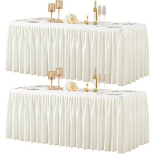 2 Packs Ivory Spandex Tablecloths Rectangle Tables 6ft, Stretch Fitted Table Covers for 6 Foot Tables Wrinkle Free Rectangle Table Cloth with Skirt for Birthday Party Events Banquette Baby Shower