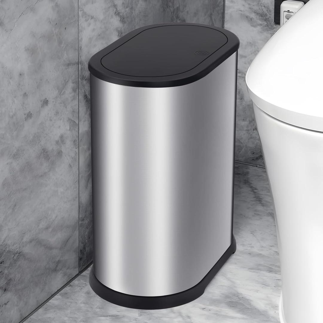 Anzoymx Stainless Steel Bathroom Trash Cans 1.8 Gallons Small Garbage Can with Pop-up Lid, Dog Proof Narrow Wastebasket, Slim Waterproof Litter Trash Bins Set for Bedroom, Toilet, Office (Silver)