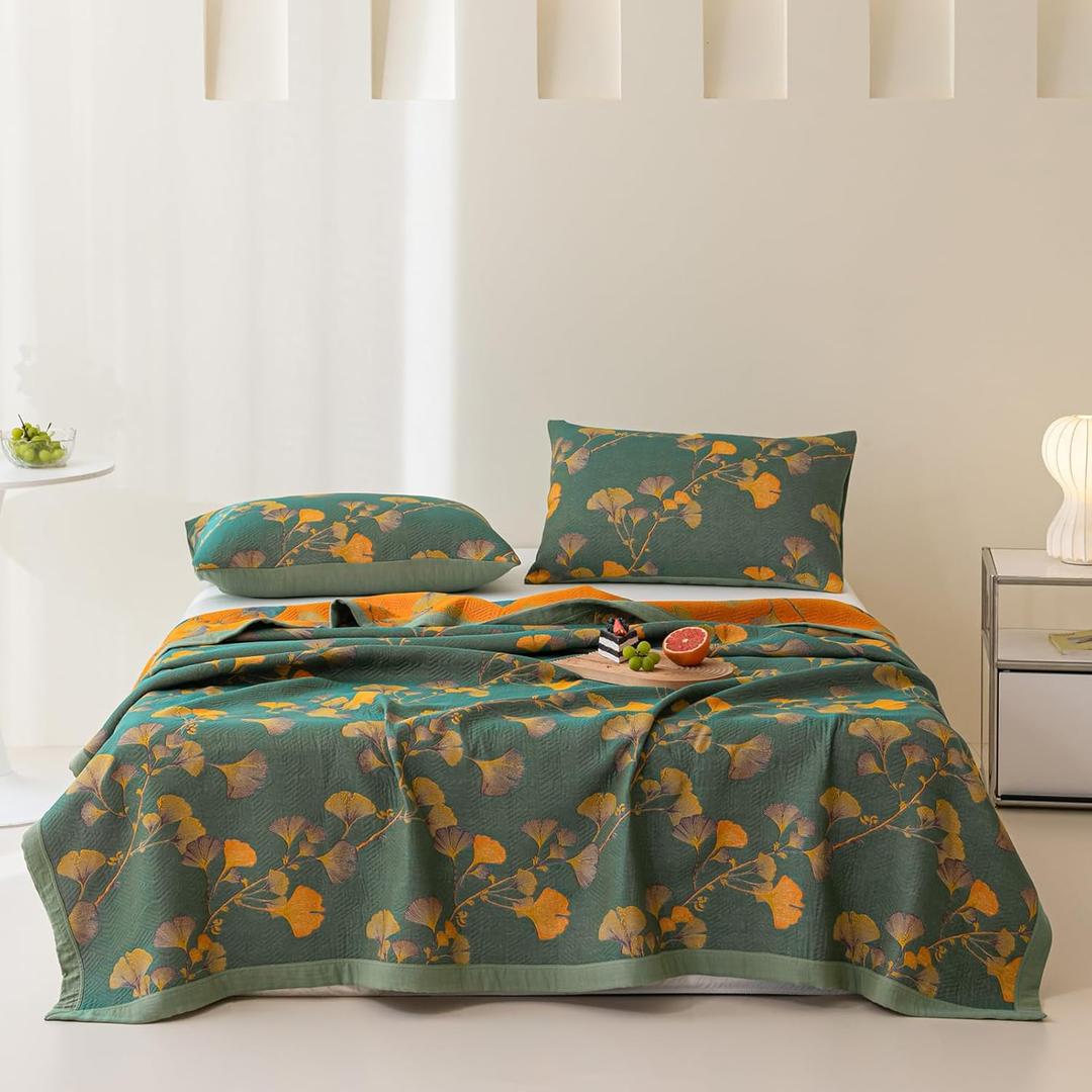 100% Cotton Jacquard Quilt Floral Ginkgo Leaves Print, Soft Muslin Bed Cover 3 Layers Reversible Bedspread Coverlet Breathable Lightweight Bedding, Twin(59"x94"), No Pillow Sham (Green)