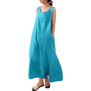 chouyatou Women's Summer Casual Sleeveless Cotton Sun Dress Maxi Tunic Tank Beach Dress with Pocket, Extra Large, Turqoise Blue 