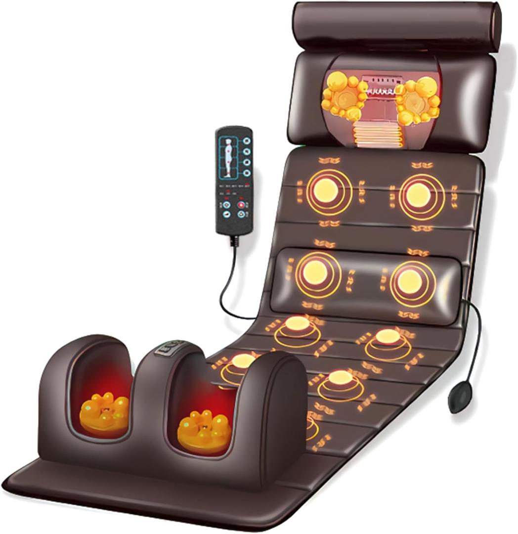 Vibration Massage Mat,Full Body Vibrating Heating Massage Pad,10 Vibration Motors,3 Strength Adjustments, with Detachable Neck Massage Headrest and Multifunctional Leg,Foot Massagers,for Home Office (Brown)