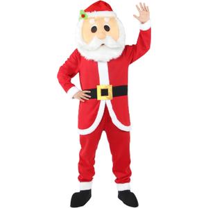 Christmas Mascot Santa Claus Costume Adult 3PCS Red Deluxe Onesie Jumpsuit Head for Xmas Halloween Cosplay Party (Large)