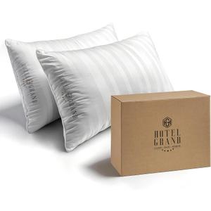 Hotel Grand Bed Pillows King Size Set of 2 Packs - 500 Thread Count 100% Cotton Medium Firm Hypoallergenic Feather Down Pillows Machine Washable Pillow for Back, Stomach or Side Sleepers, 20"x36"